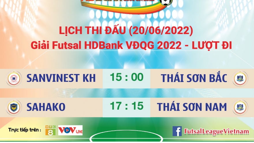 Lịch thi đấu giải Futsal HDBank VĐQG 2022 hôm nay 20/6